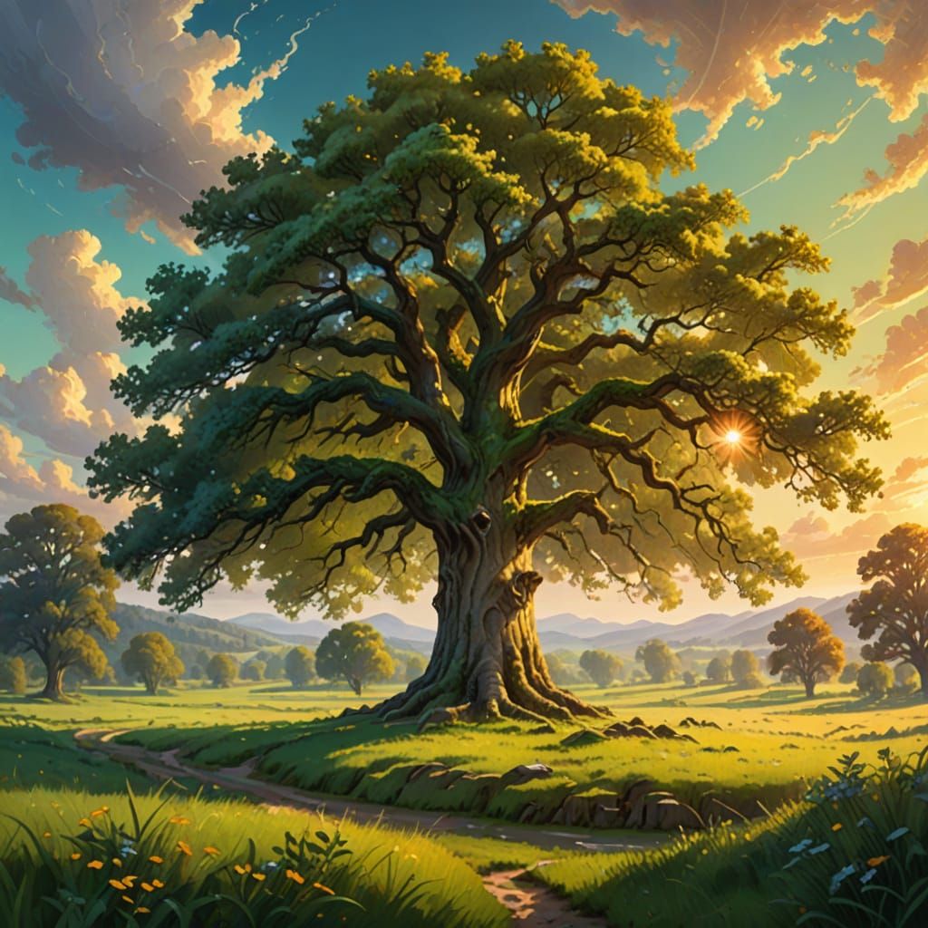 Ancient Oak Tree in Sunlit Meadow Oil Painting