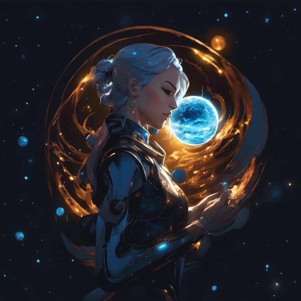 Celestial Female Holding Blue Planet in Digital Art Style