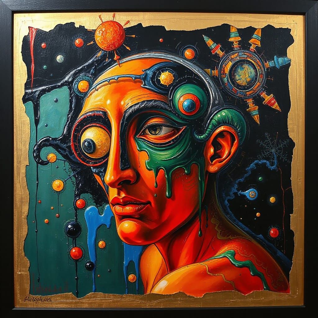 Surreal Oil Painting in Dark, Deep Colors with Vibrant Hues