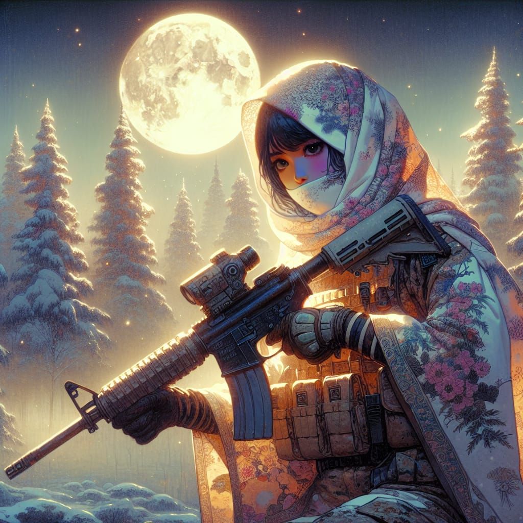 Surreal Ninja Goddess Under Moonlit Snowy Tokyo Dreamscape