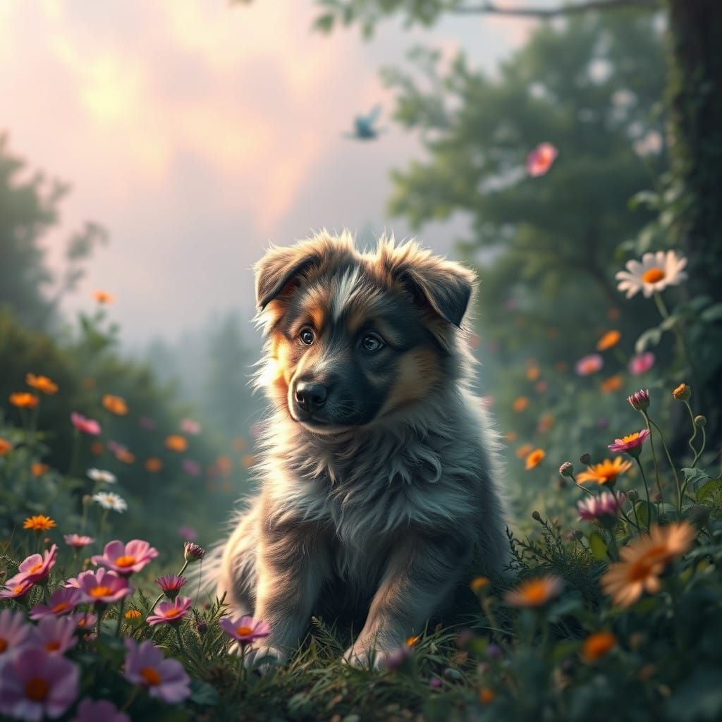 Mystical Pyrenean Shepherd Mix Puppy in Vibrant Dreamworld
