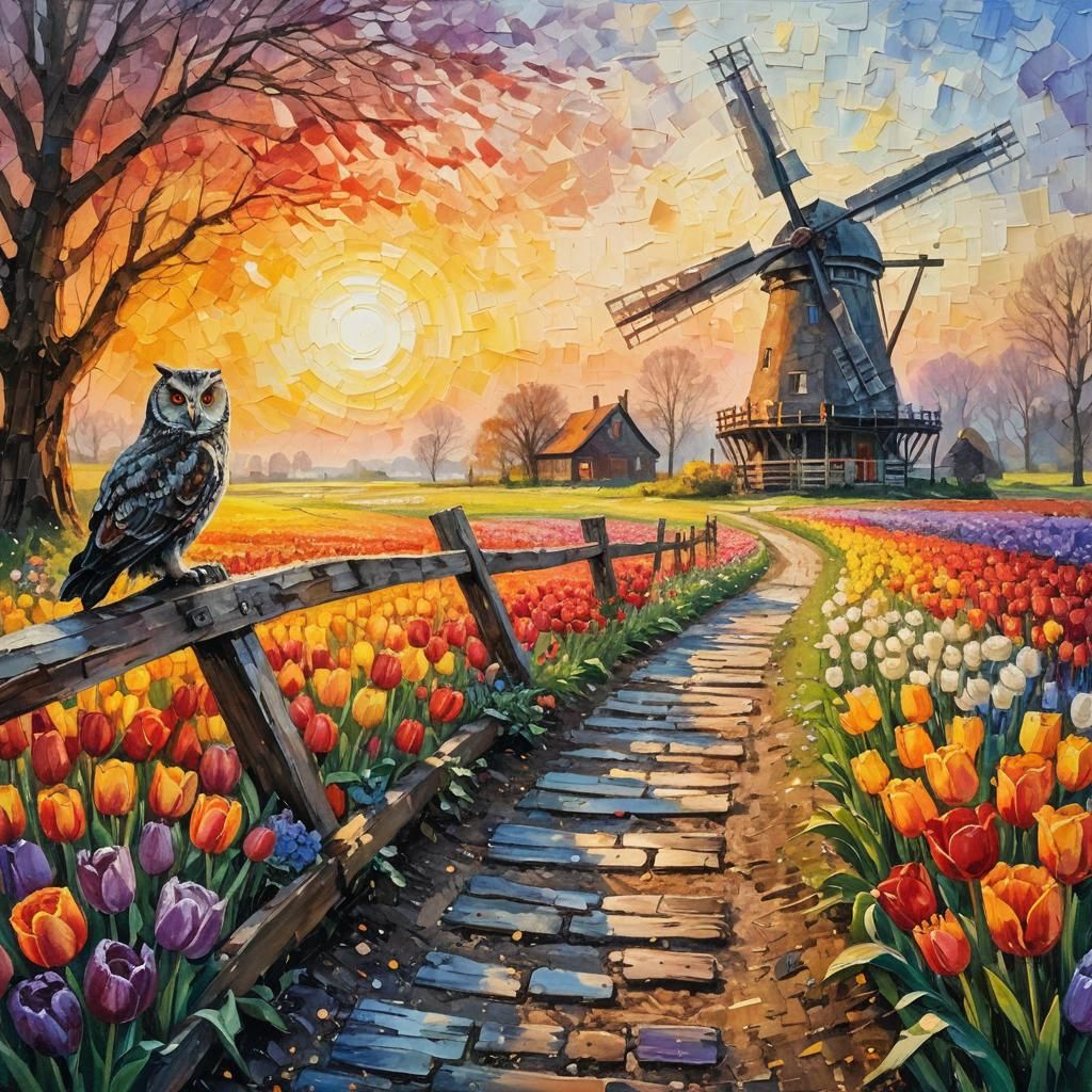 Windmill in Tulip Field, Encaustic Impressionism
