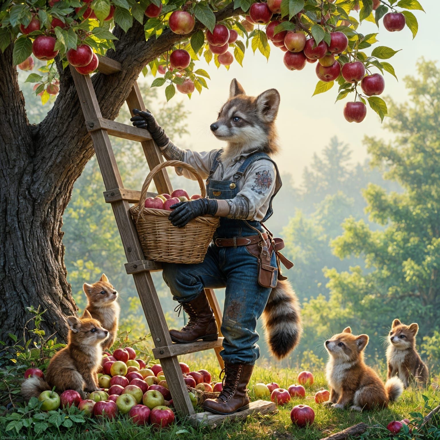 Anthropomorphic Marten Gathers Apples in Ethereal Fog