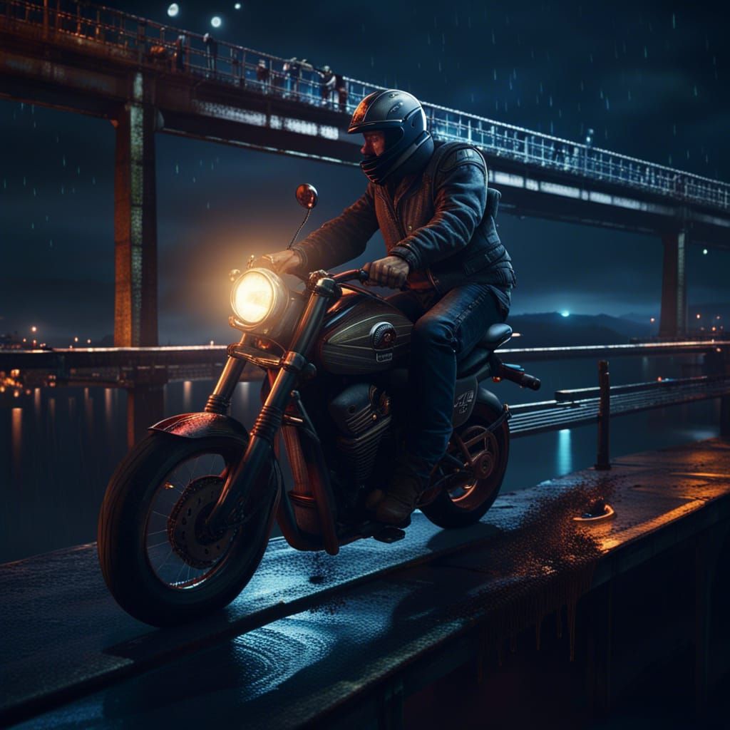 Motorbike Rider Pushes Man Off Bridge: Fantasy Art