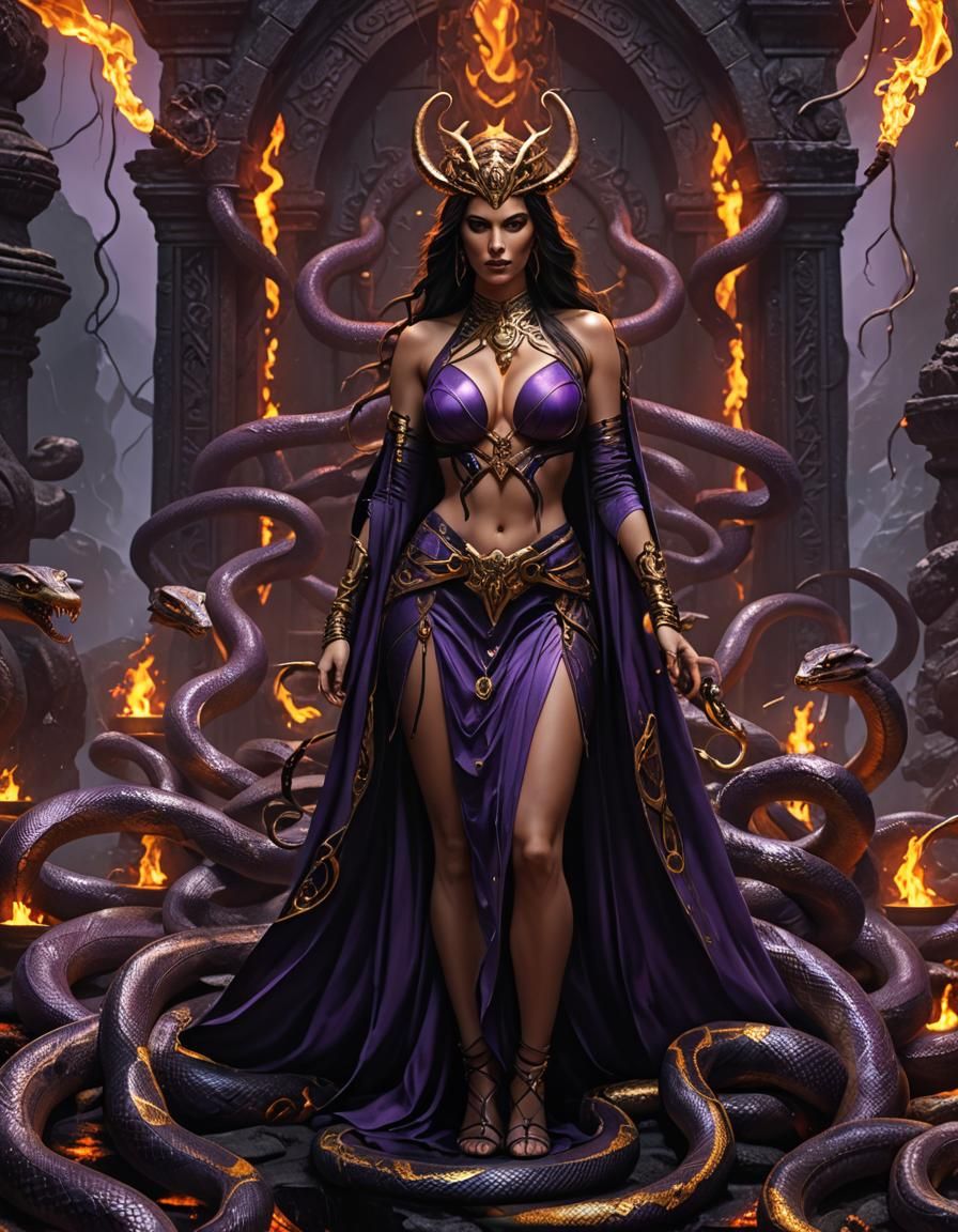 Stunning Snake Priestess Conducting Ritual in Dungeon