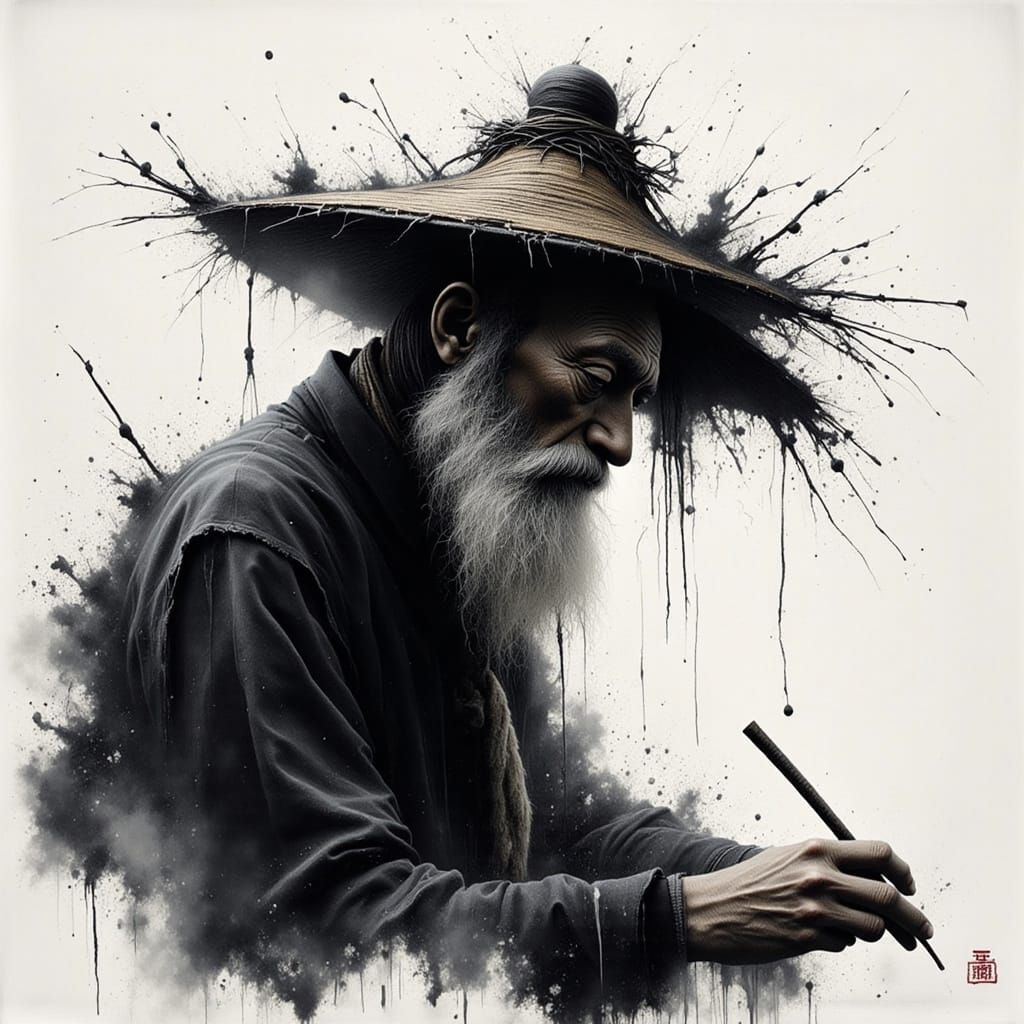 Ancient Chinese Man Portrait in Blurry Ink Art