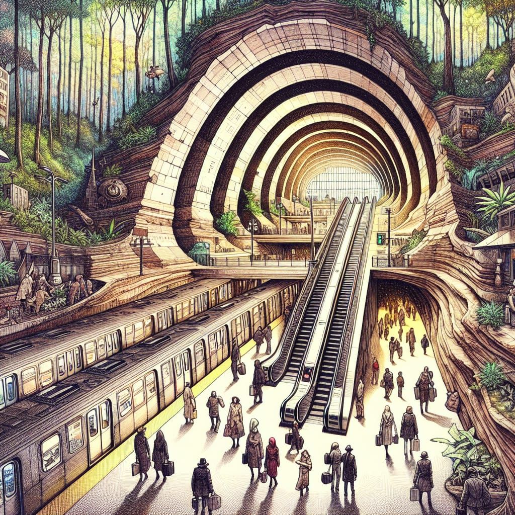 Subway Station Juxtaposed with Vibrant Nature in Whimsical A...
