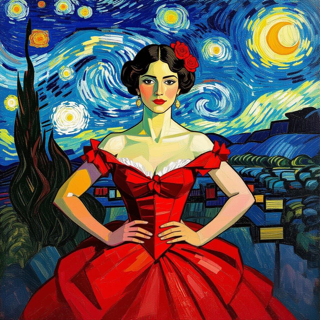 Woman in Red Dress: Impasto Painting in Daytime Sky