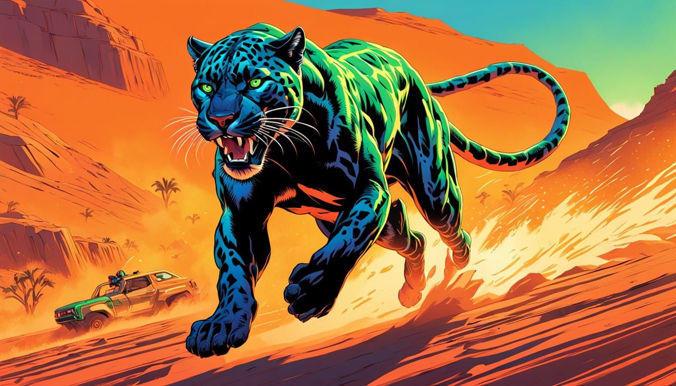 Neon Green Panther Sprinting Through Orange Desert