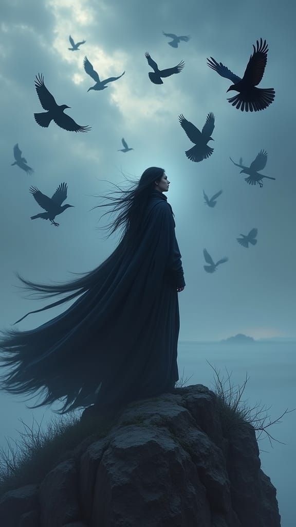 Nordthra Priestess Summons Ravens on Windswept Cliff