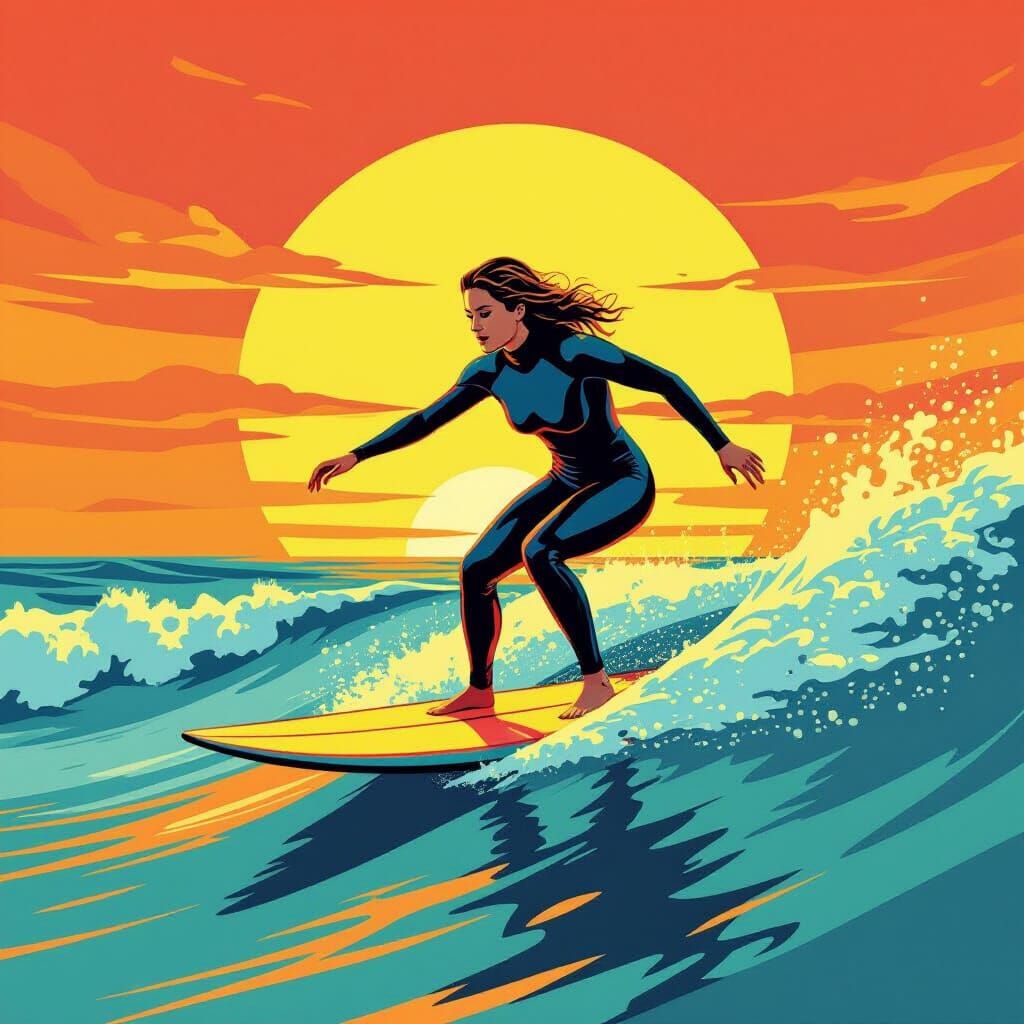 Surfer at Sunset in Vibrant Comic Book Style