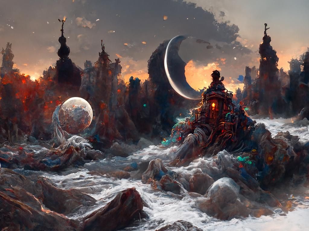 Mythical Moon at Night: Kinetic Pointillism Digital Painting