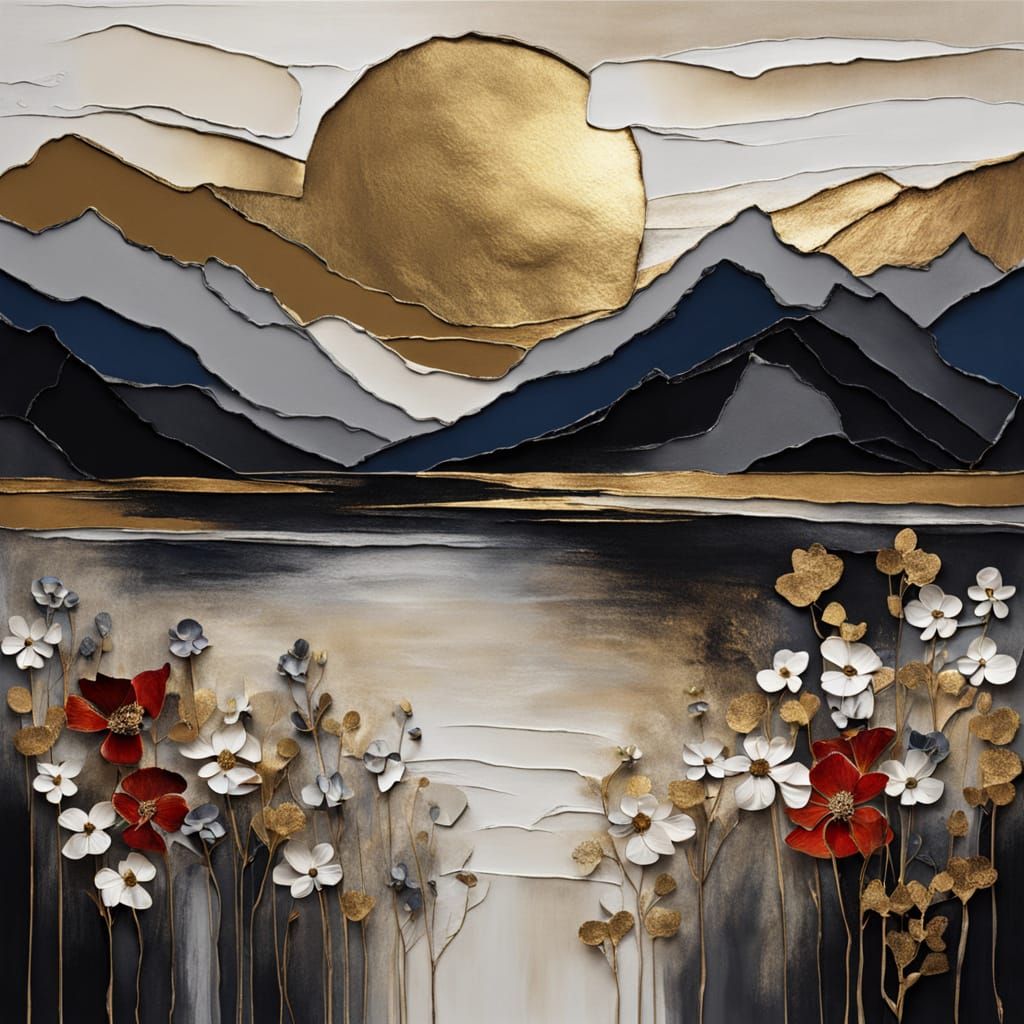 Abstract Sunset Over Mountain Lake: Art Deco Style