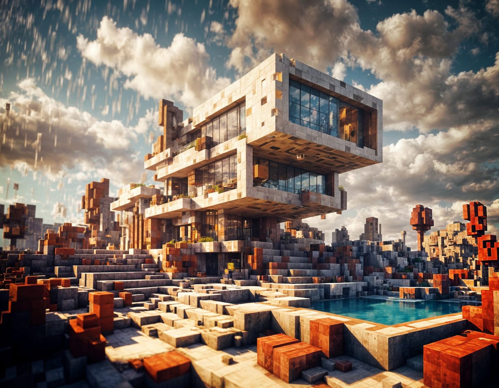 Abstract Surreal Minecraft Architecture in Unreal Engine