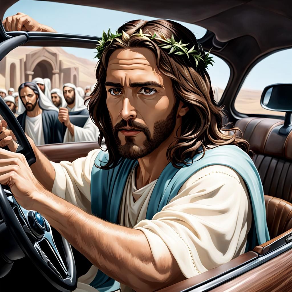 Hyperrealistic Jesus Driving a Car