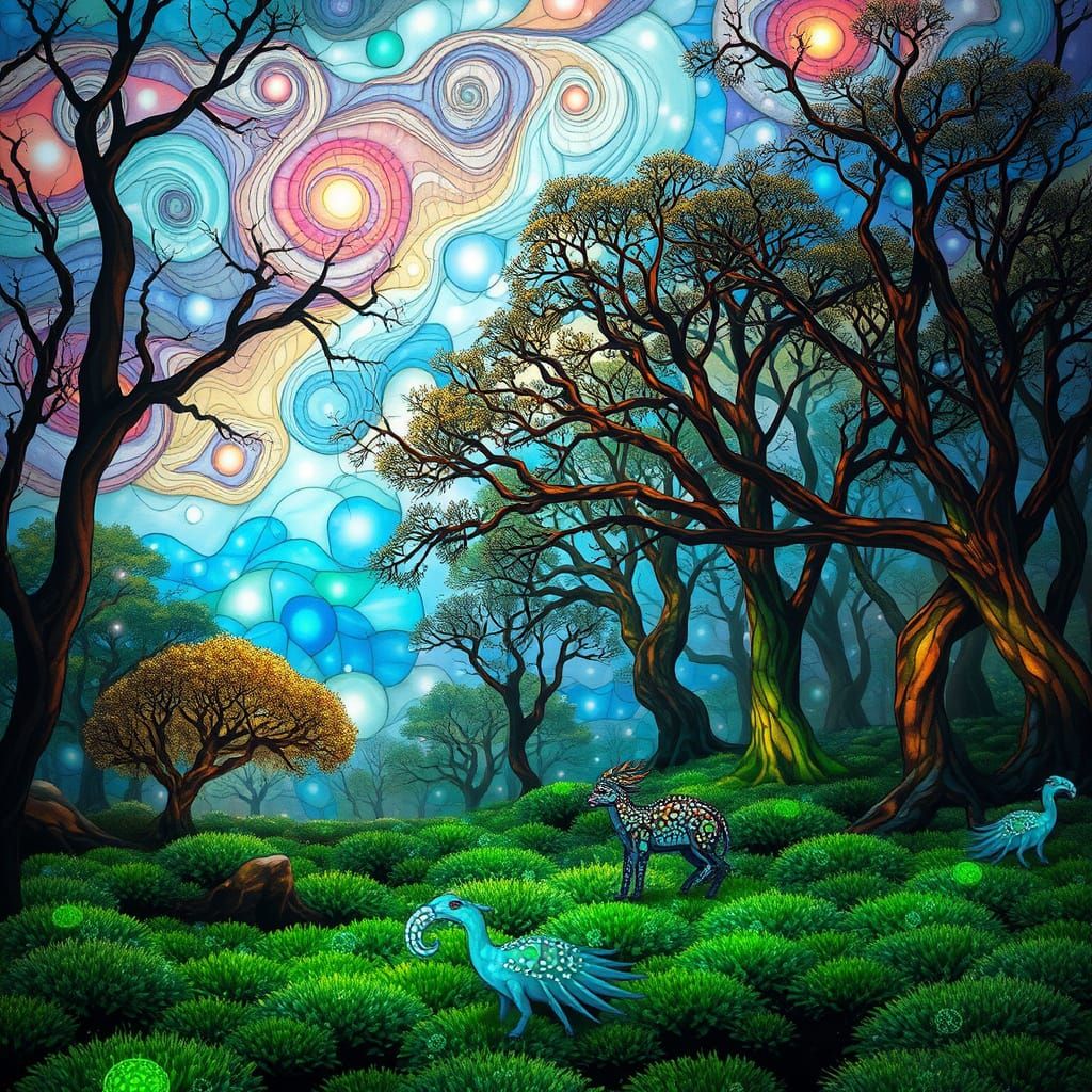 Stained Glass Forest Glade in Ethereal Light