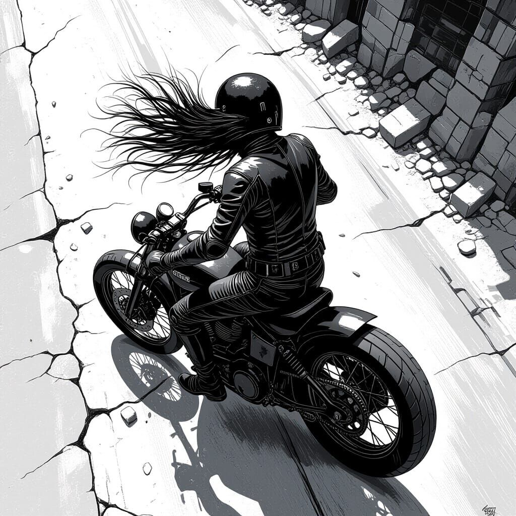 Dramatic Road Warrior on Broken Bike in Black and White