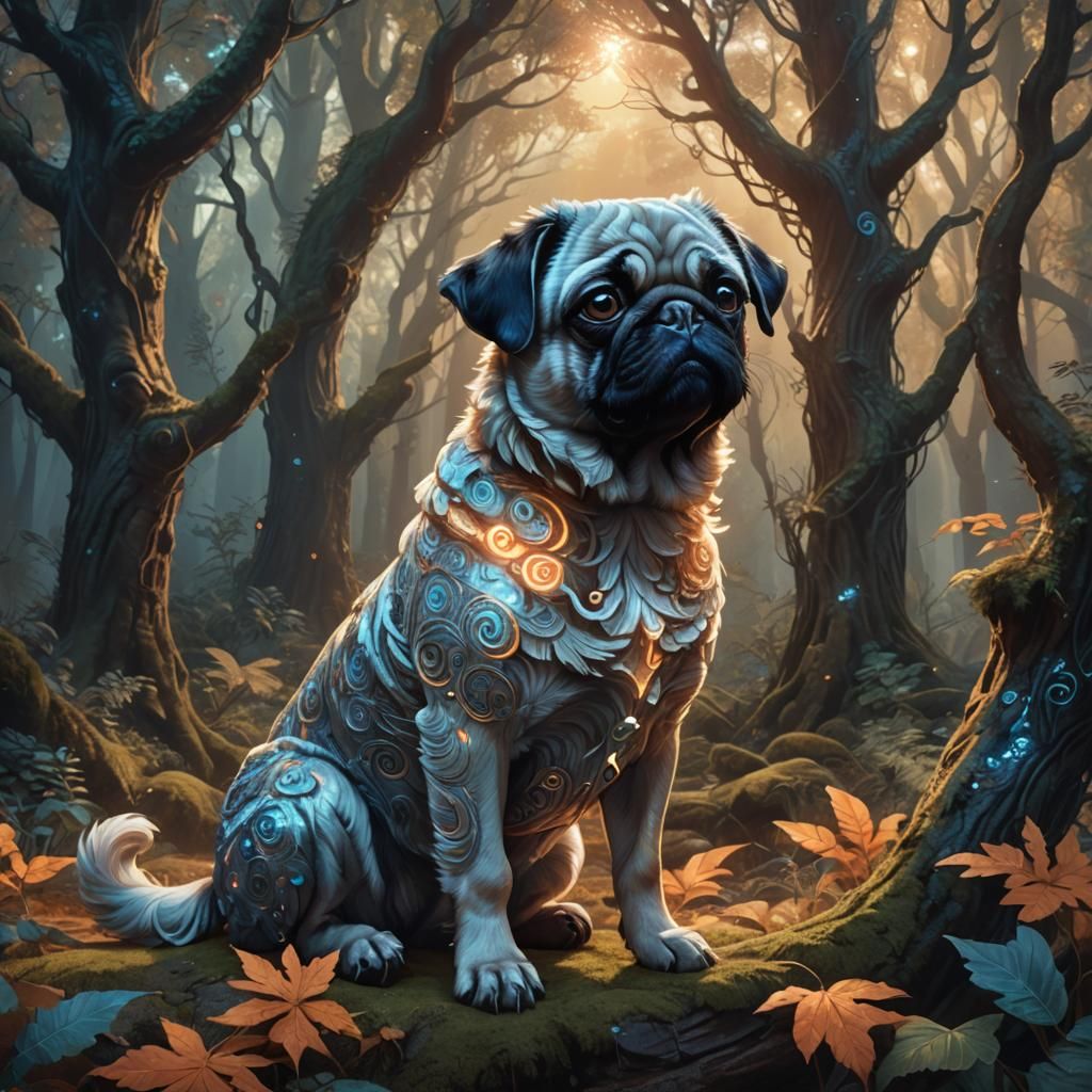 Mystical Pug-Poodle Hybrid in Ancient Forest