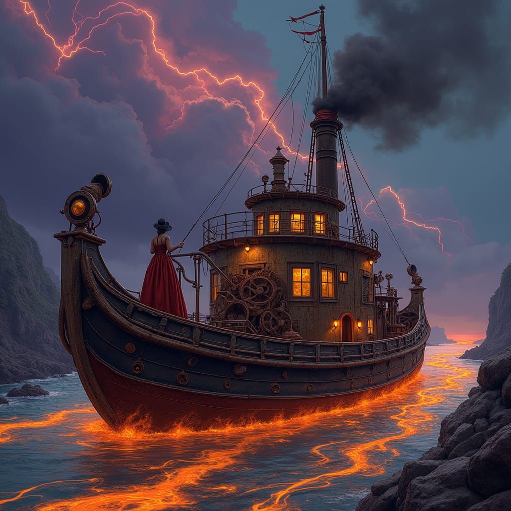 Steampunk Punch and Judy on a Fiery River