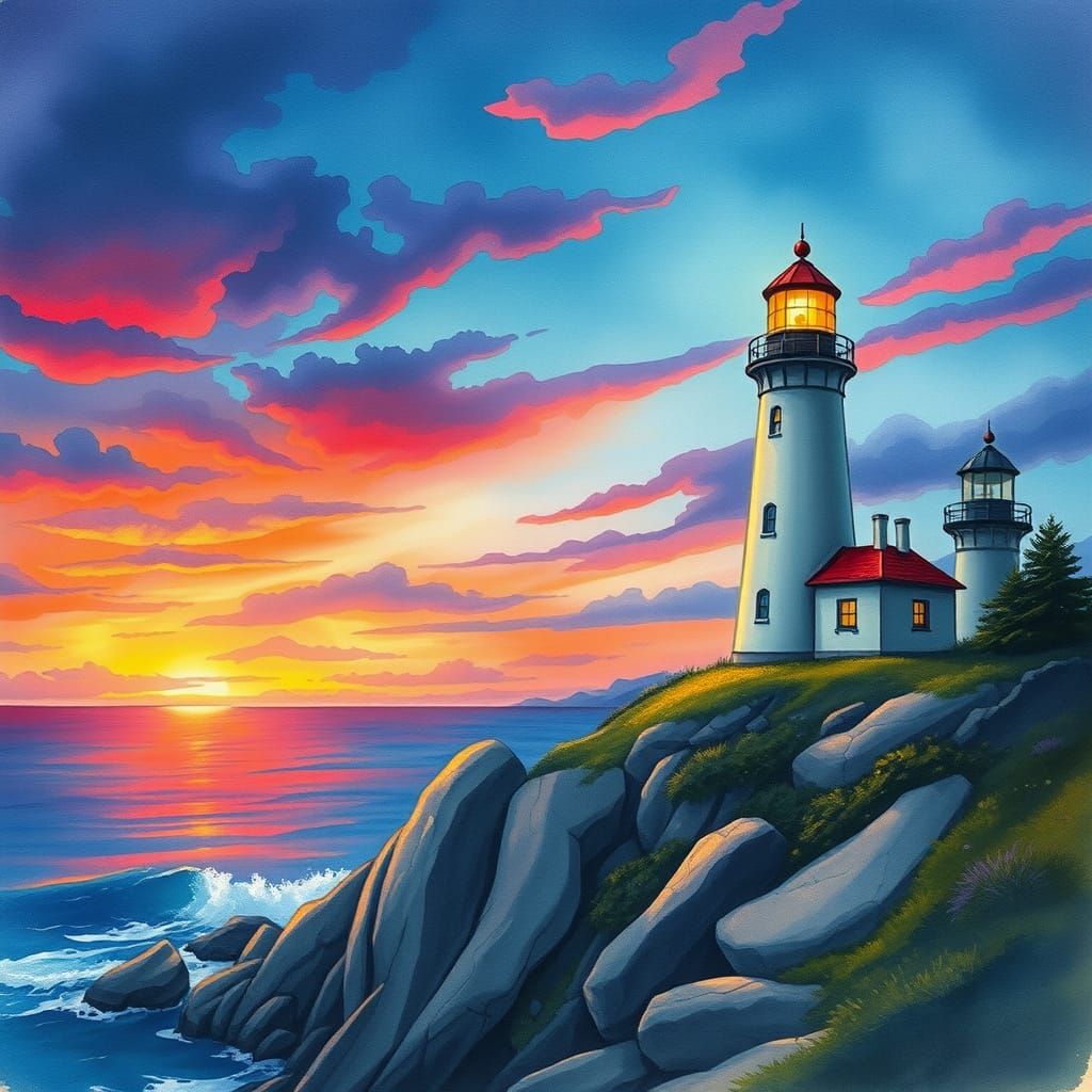 Dreamy Lighthouse at Sunset in Delicate Watercolour