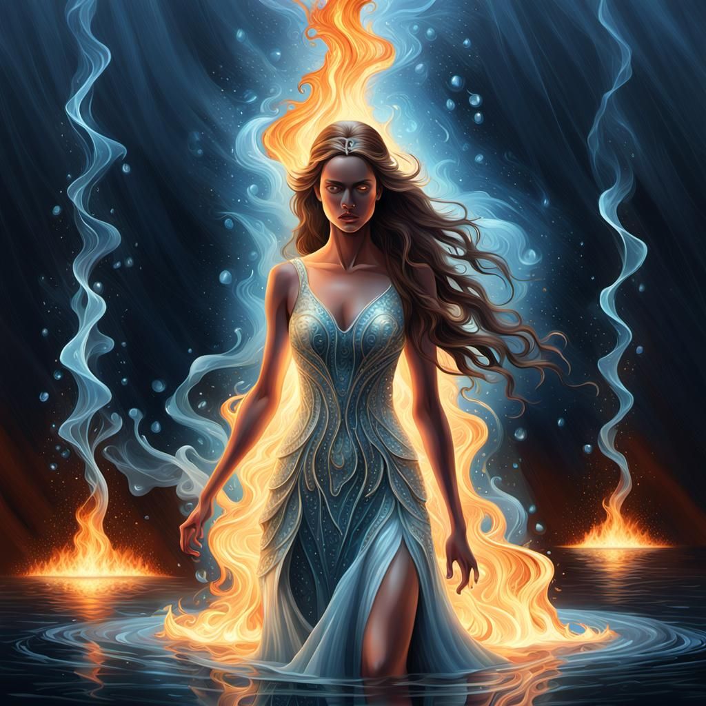 Woman Ablaze in Rain: Hyperrealistic 3D Rendering