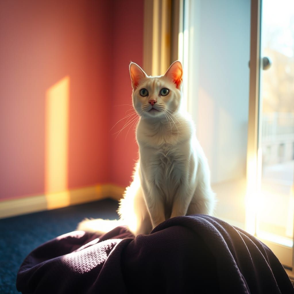 Photorealistic White Cat in Sunlight on Black Chair