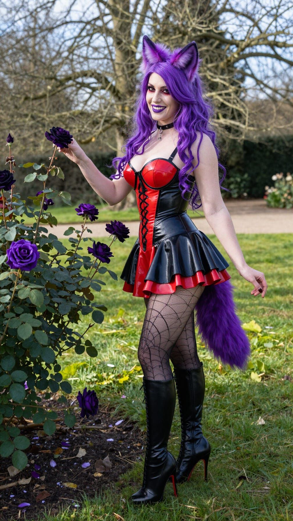 Gothic Woman Picking Purple Rose in English Gardens