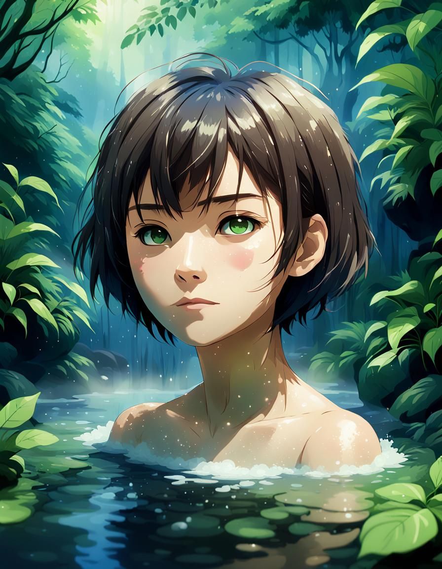 Makoto Niijima Relaxing in Hot Spring, Anime Digital Art