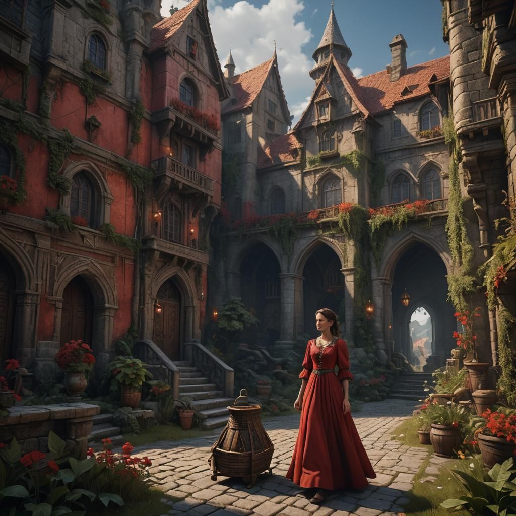 Fantasy Innkeeper in Red Dress, Detailed Digital Art