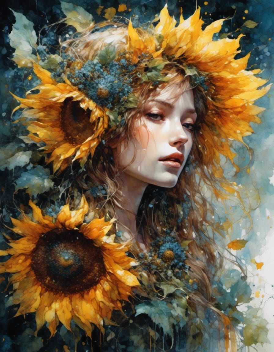 Radiant Sunflower in Deep Watercolor Style