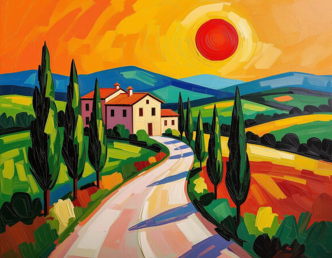 Italian Villa Sunset in Impasto Style