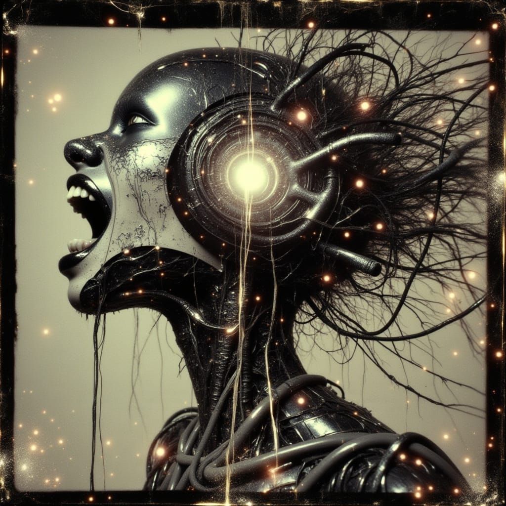 Cyborg Screaming Man Collage in Surreal Style