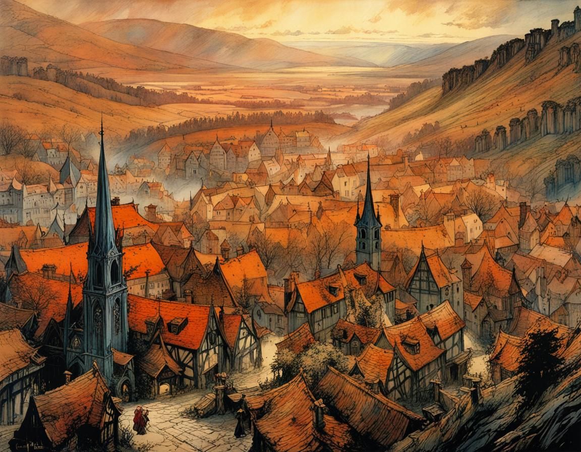 Mysterious Medieval Town in Deep, Noctilucent Color