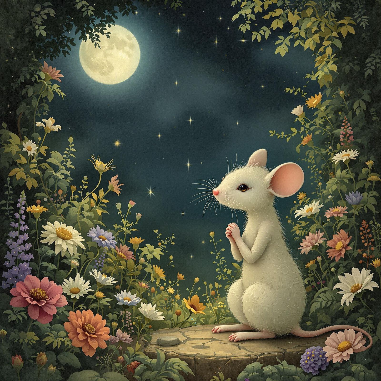 A Dreamy Mouse Contemplates in a Whimsical Garden