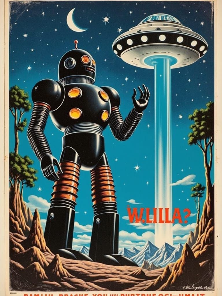 Retro-Futuristic Robot Amidst Starry Skies in Cyberpunk Aest...