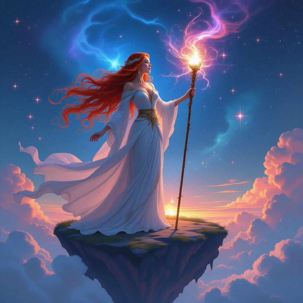 Celestial Sorceress Amidst Swirling Nebula, Art Nouveau Styl...