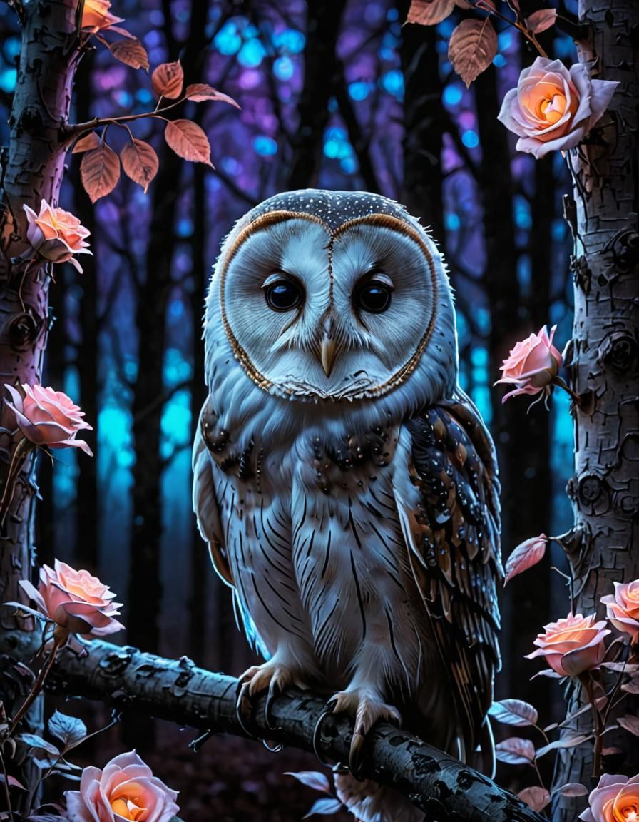 Holographic Barn Owl in Neon Lit Birch Forest