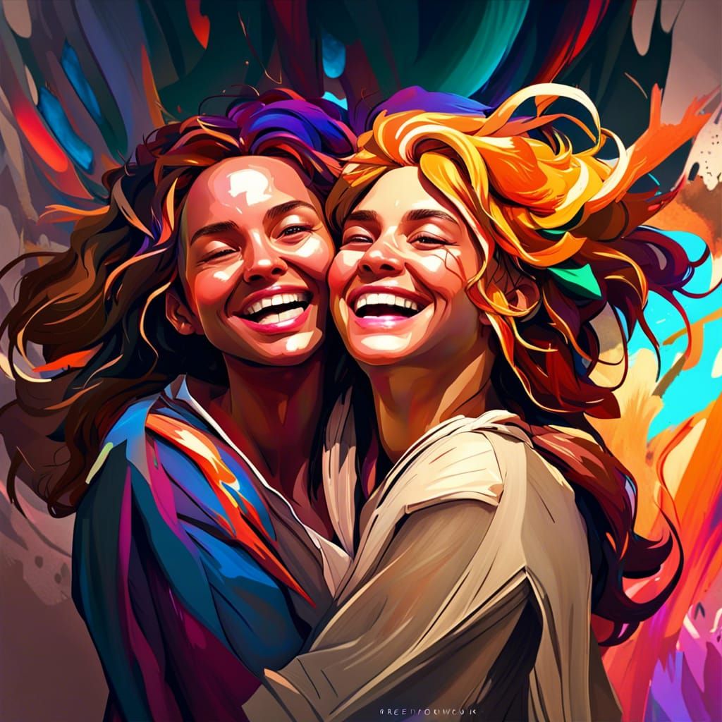 Laughing Women Embrace: Hyperdetailed Portrait