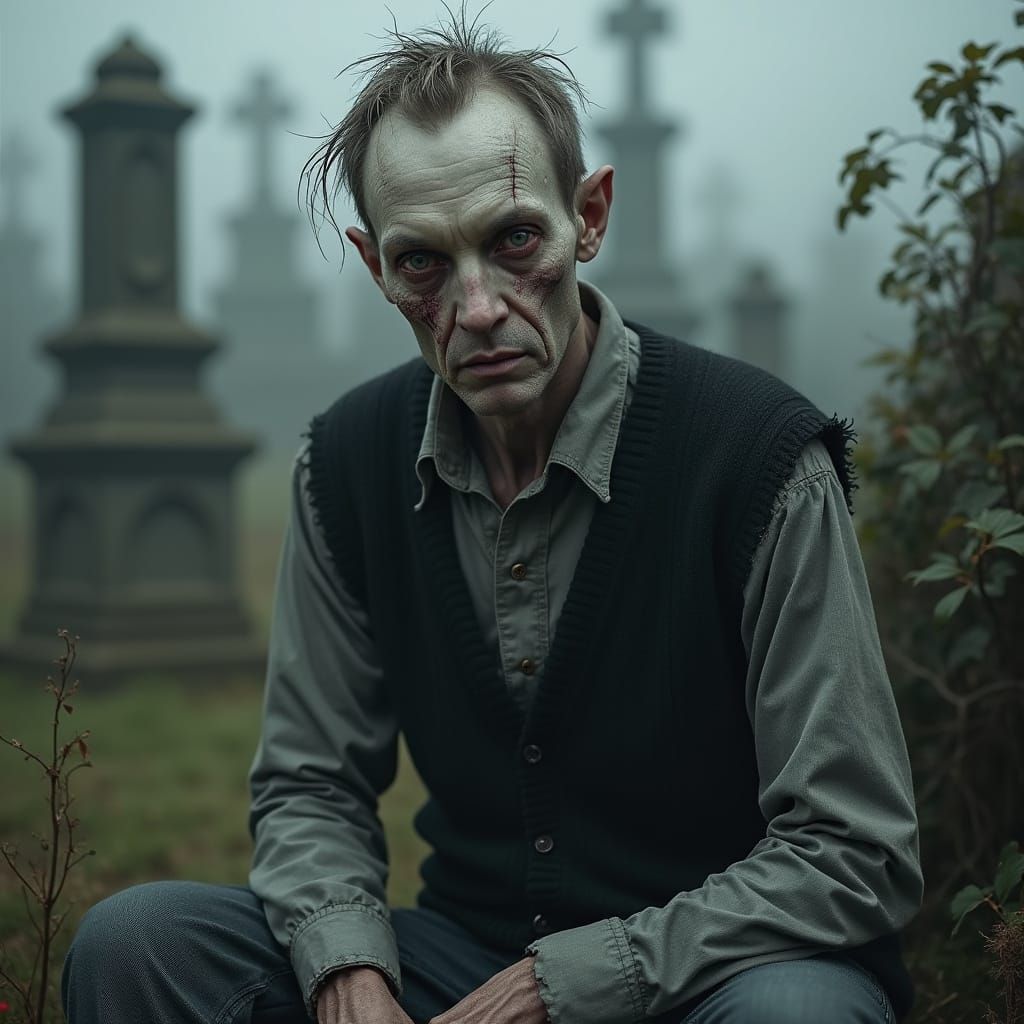 Zombie Shem Amidst a Haunting Graveyard Landscape