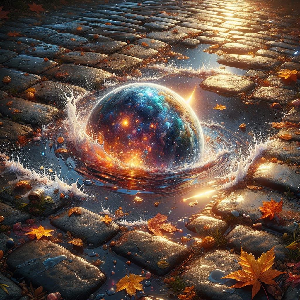 Universe in a Puddle: Detailed Autumn Illustration