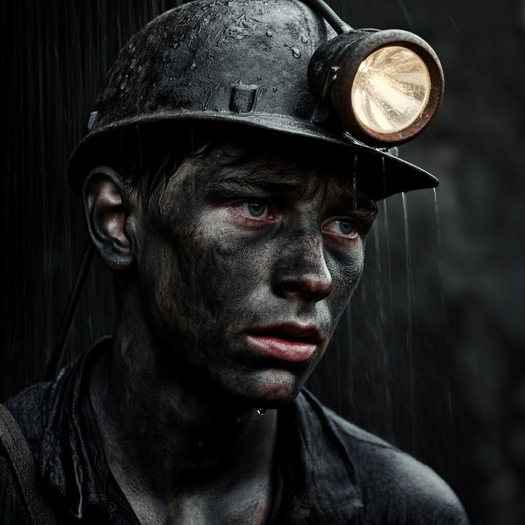 Taffy Williams, aged 15, photo taken at the end of his shift on first day working at a coal mine in the Rhondda Valley, ...