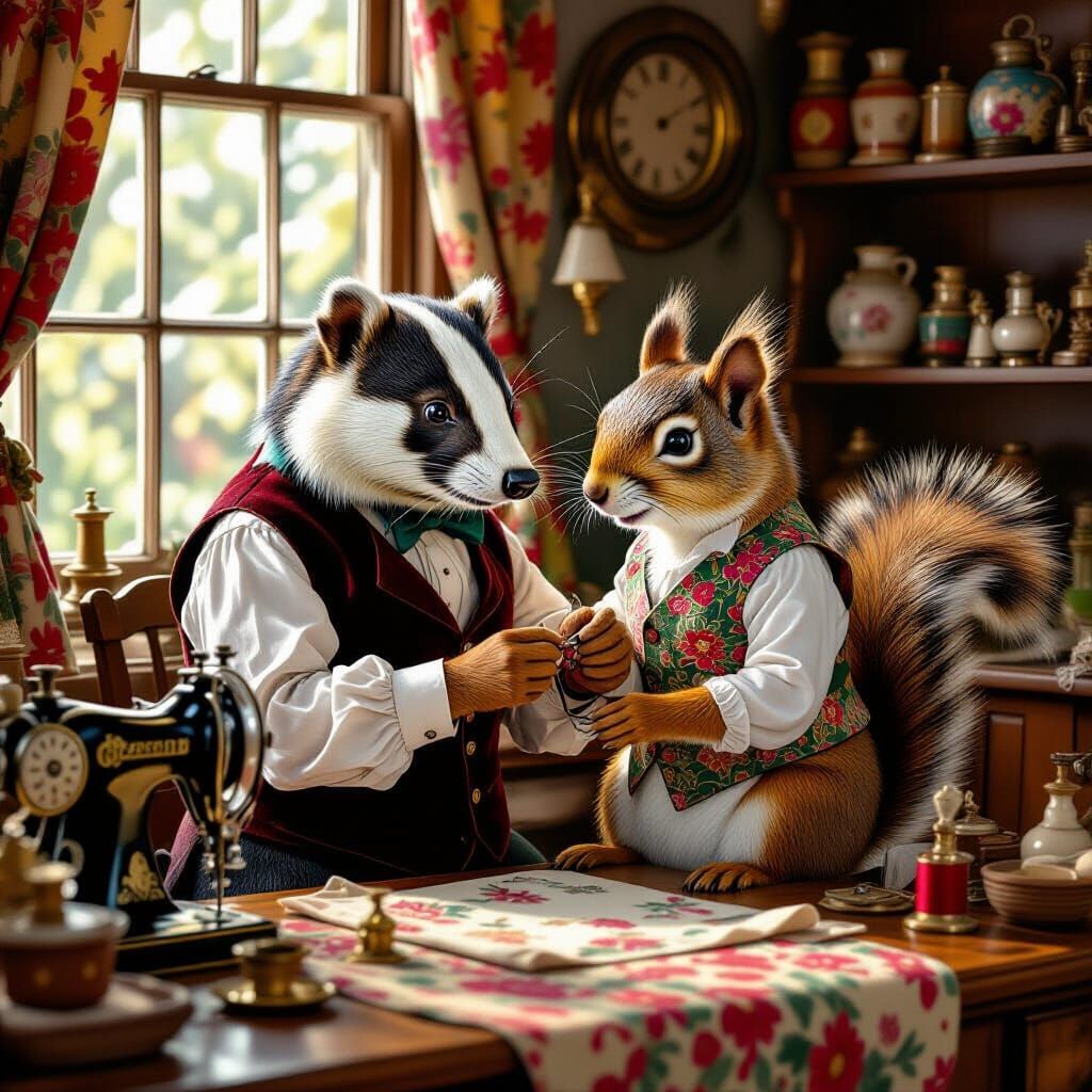 Badger Tailor Fitting Squirrel in Woodland Shop