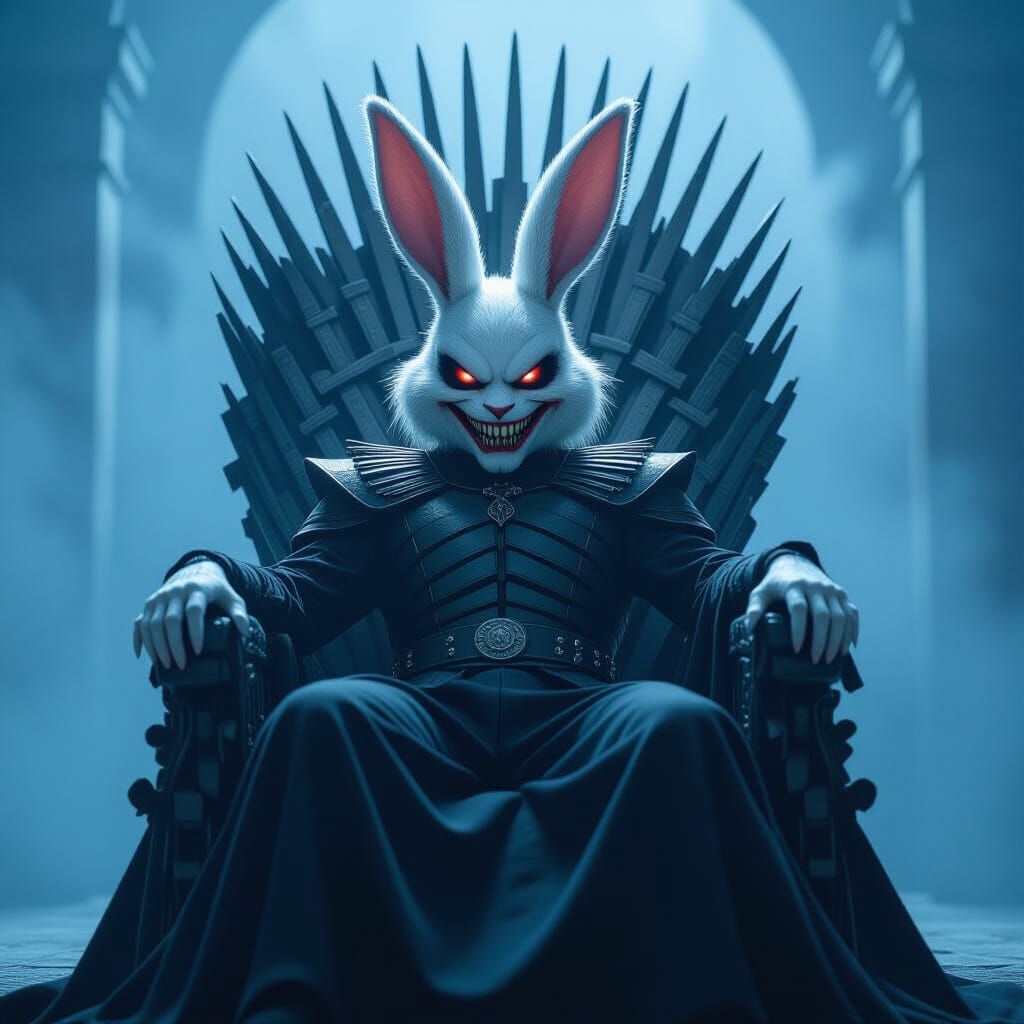 Evil Rabbit with Claws on Iron Throne, Dark Fantasy Art