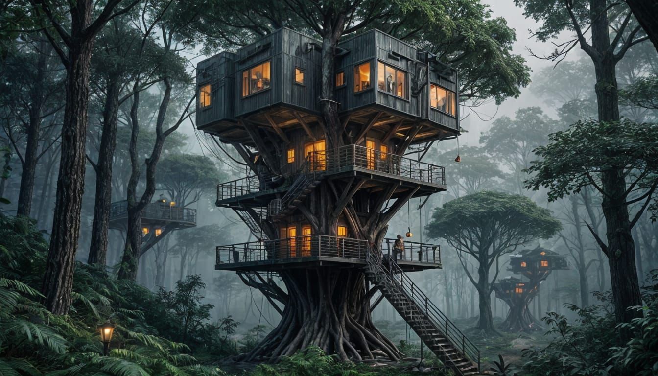Futuristic Tactical Treehouse Outpost in Dense Forest