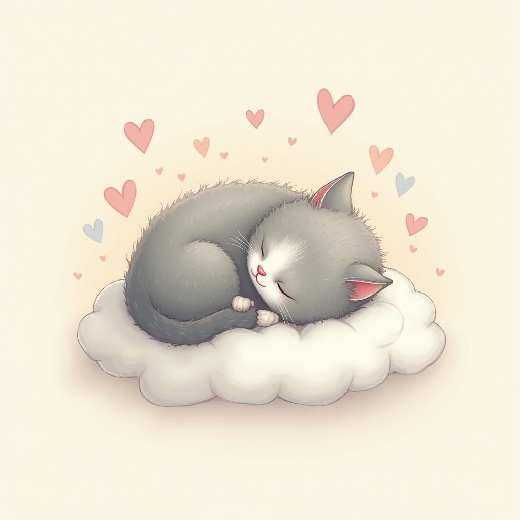 Surreal Whimsical Feline Cloud Scene with Pastel Hearts