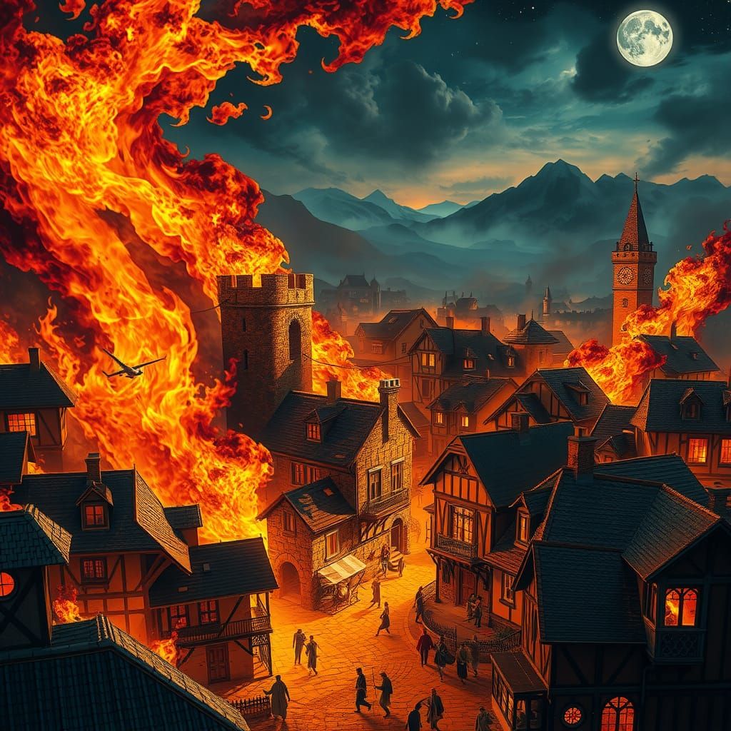 Medieval City Ablaze at Warp Speed: Impasto Fantasy
