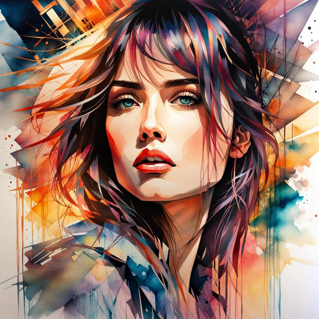 Epic Sunset Portrait in Stylized Watercolor Illustration