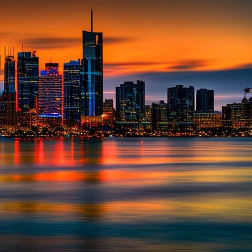 Sunset Cityscape Reflection Over Water