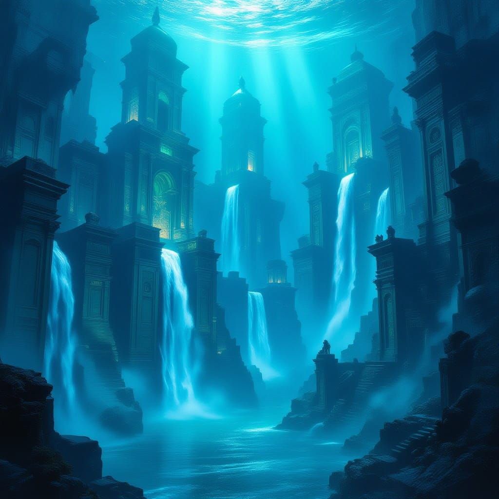 Submerged Ancient City with Bioluminescent Flora