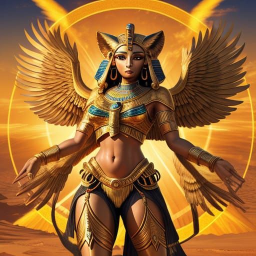 Egyptian Goddess Sekhmet Soars on Wings of Golden Dawn